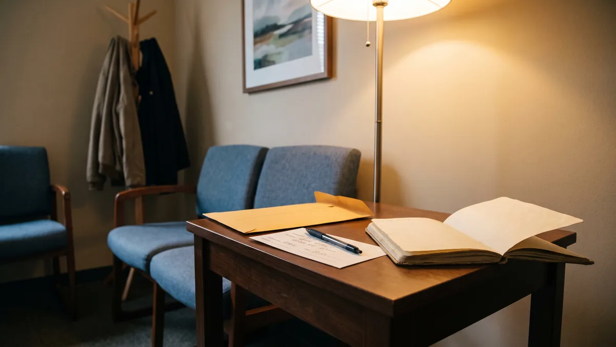Paciente escribiendo síntomas y preguntas en un cuaderno