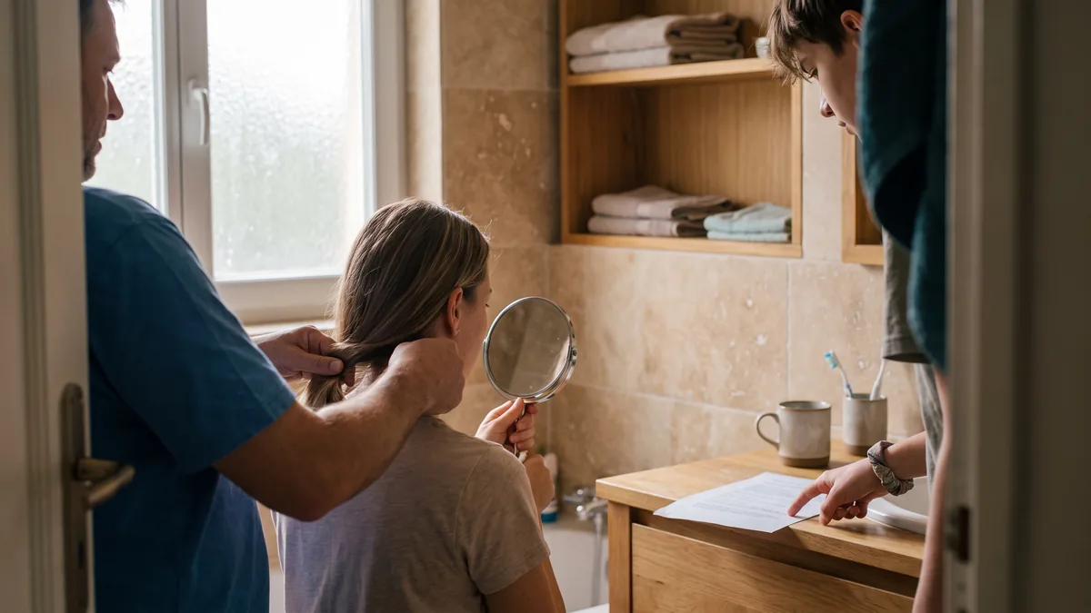 Persona examinando un lunar con un espejo de mano en el baño